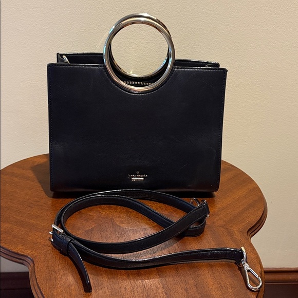 Kate Spade satchel Crossbody bag leather black goldtone round ring handles EUC - Picture 4 of 17